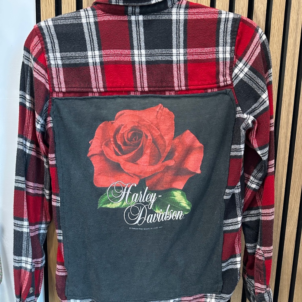 Harley-Davidson Red and Black Plaid flannel Shirt with Rose Design